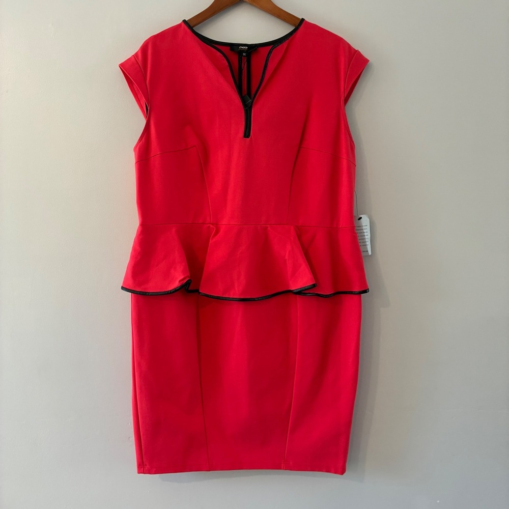 ABS by Allen Schwartz Dress Womens 1X Red Peplum Sheath Faux Leather Trim Zip V